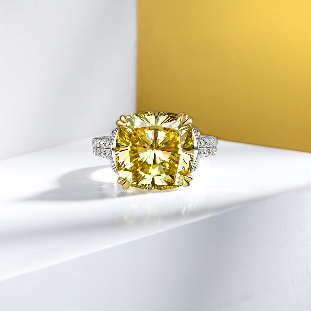 Cushion Cut Gemstone Double Golden Prongs Silver Ring