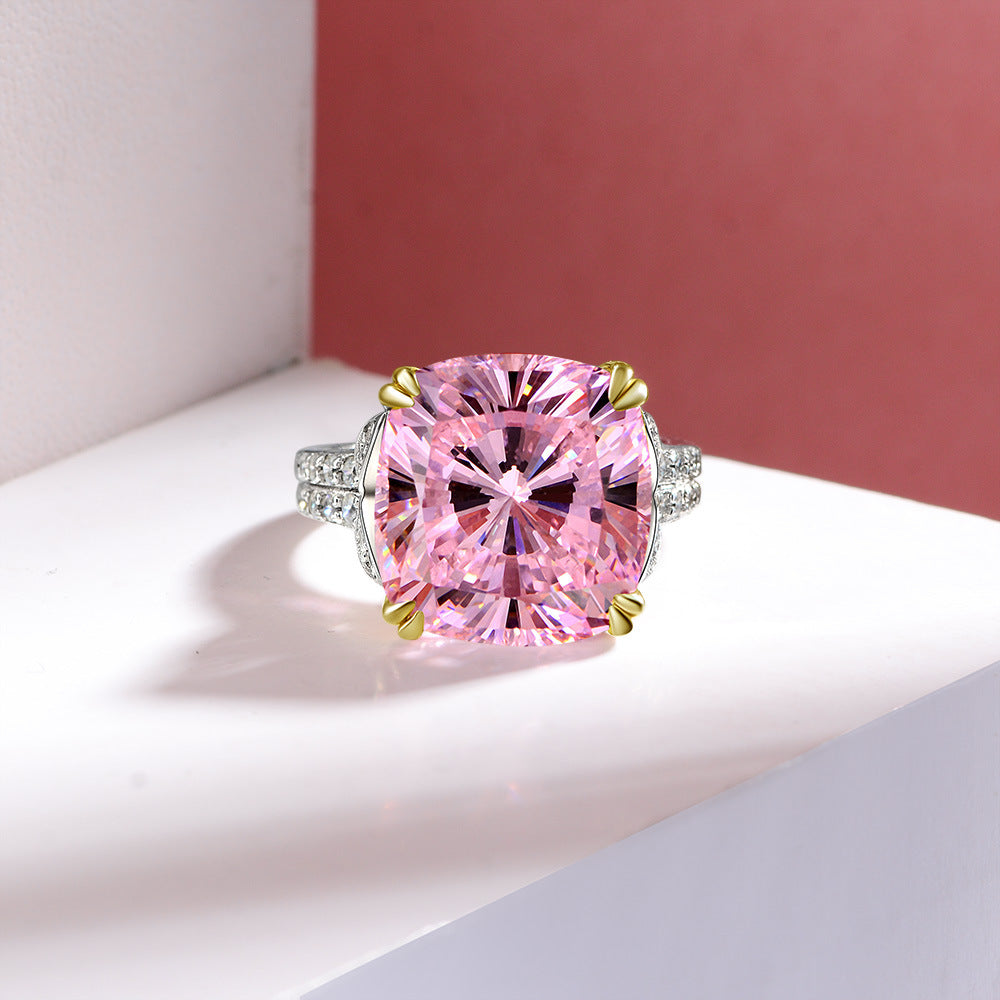 Cushion Cut Gemstone Double Golden Prongs Silver Ring
