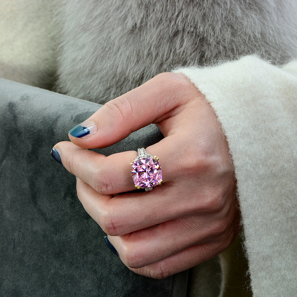 Cushion Cut Gemstone Double Golden Prongs Silver Ring