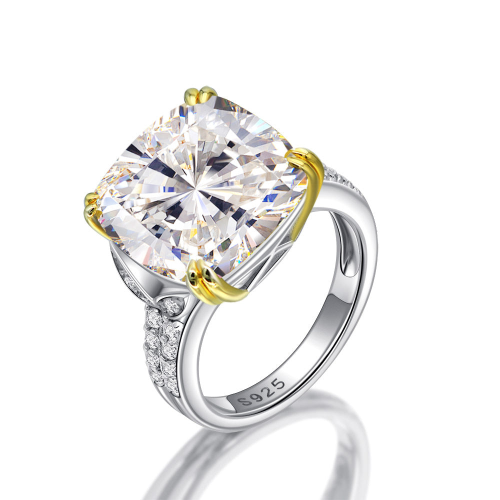 Cushion Cut Gemstone Double Golden Prongs Silver Ring