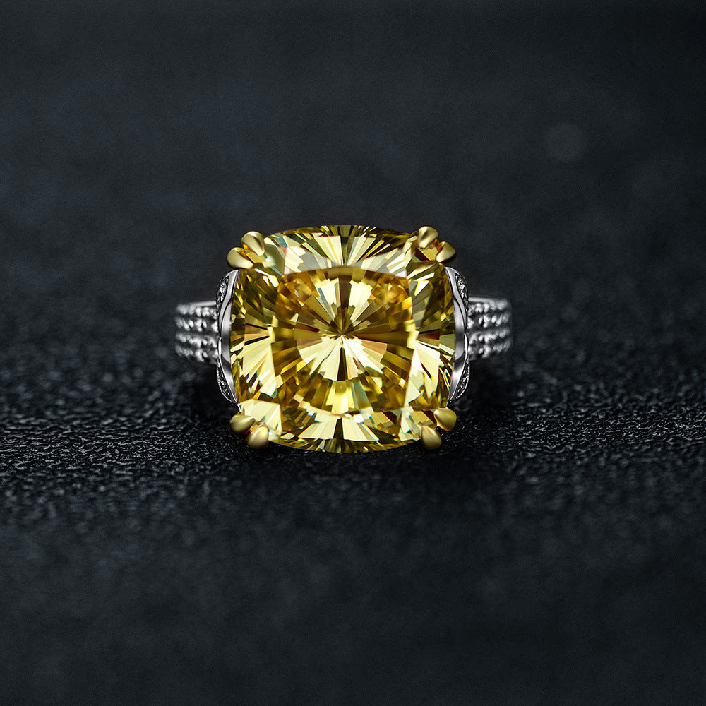 Cushion Cut Gemstone Double Golden Prongs Silver Ring