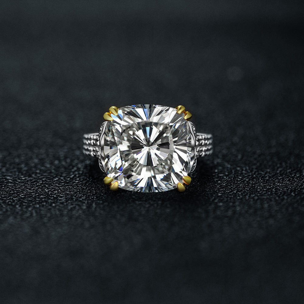 Cushion Cut Gemstone Double Golden Prongs Silver Ring
