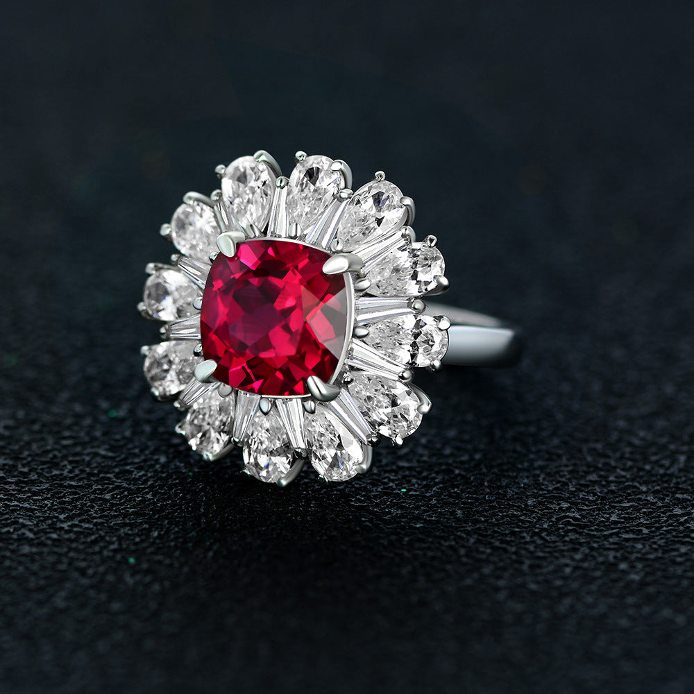 Cushion Ruby Cluster Sterling Silver Enhancer Ring