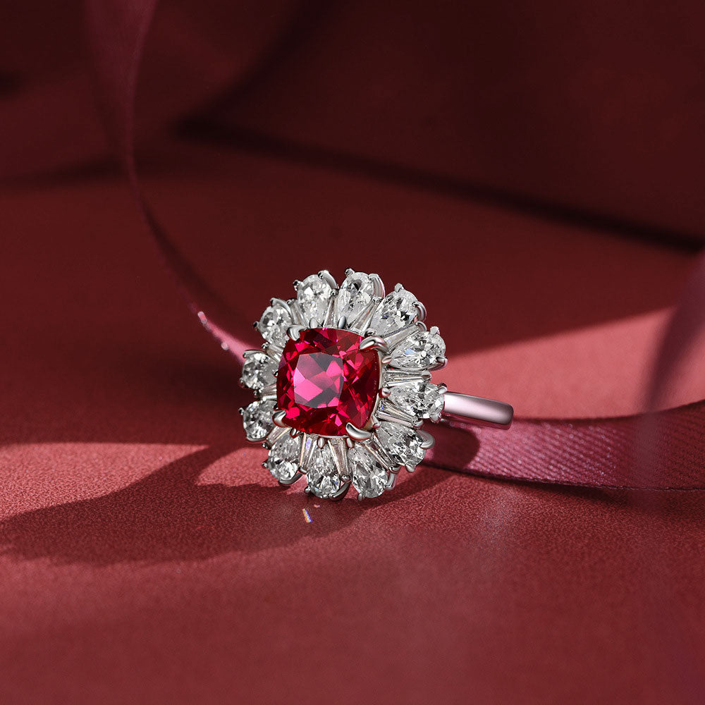 Cushion Ruby Cluster Sterling Silver Enhancer Ring