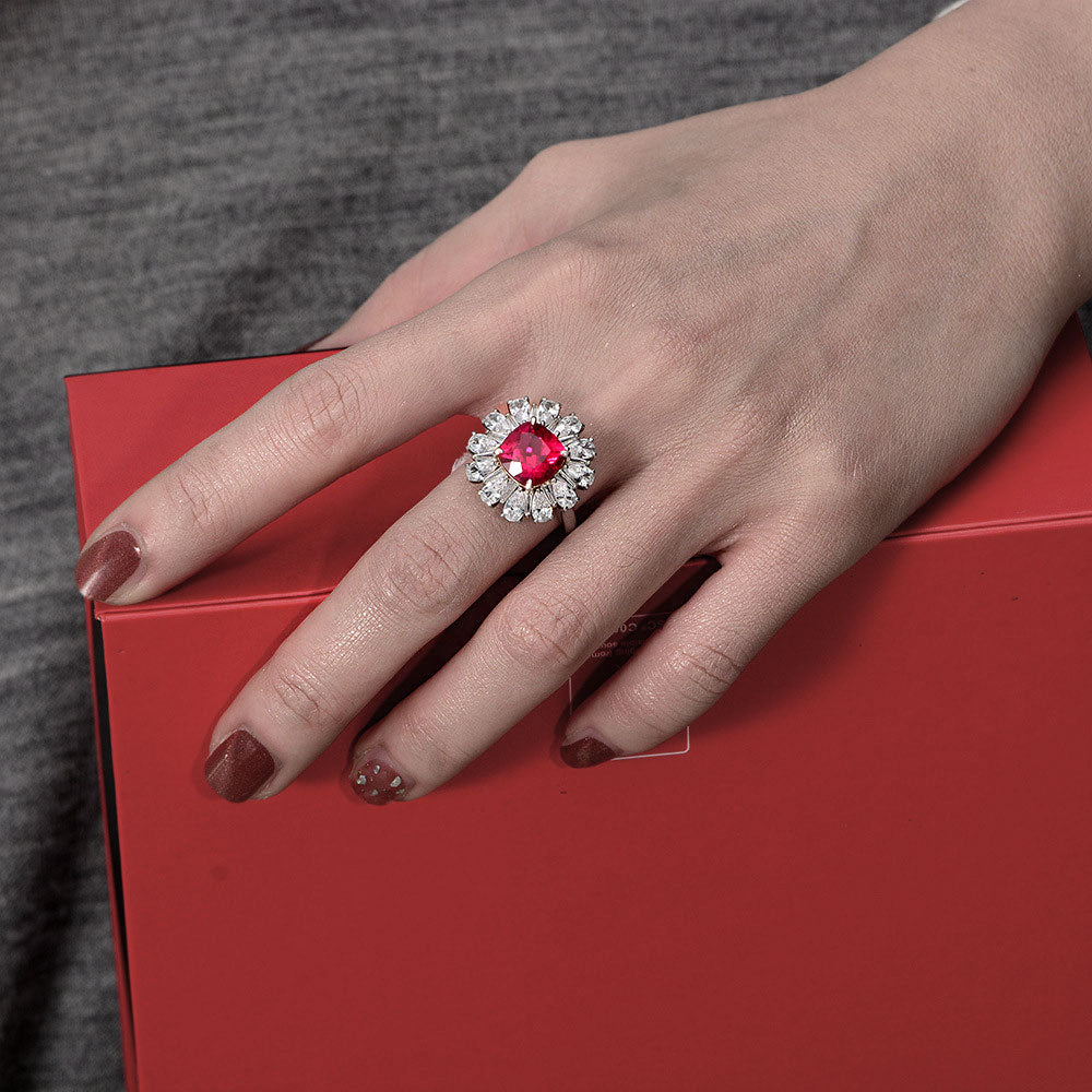 Cushion Ruby Cluster Sterling Silver Enhancer Ring