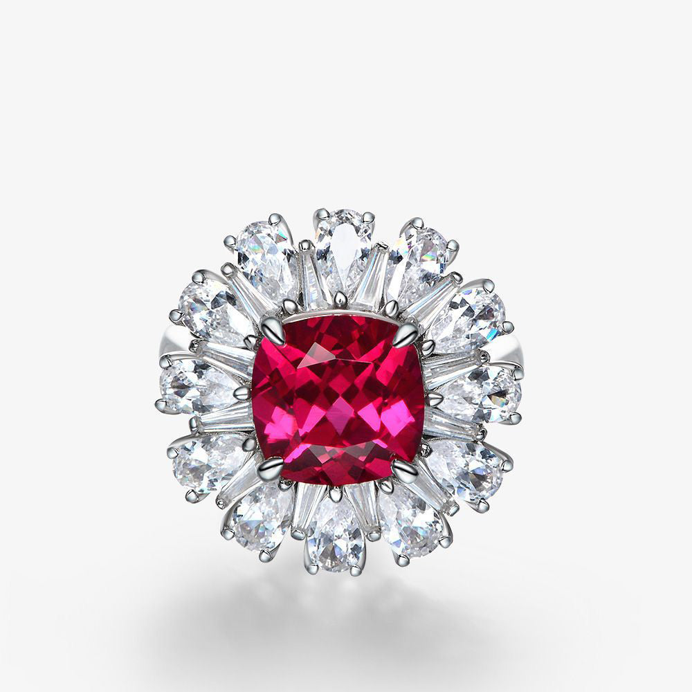 Cushion Ruby Cluster Sterling Silver Enhancer Ring