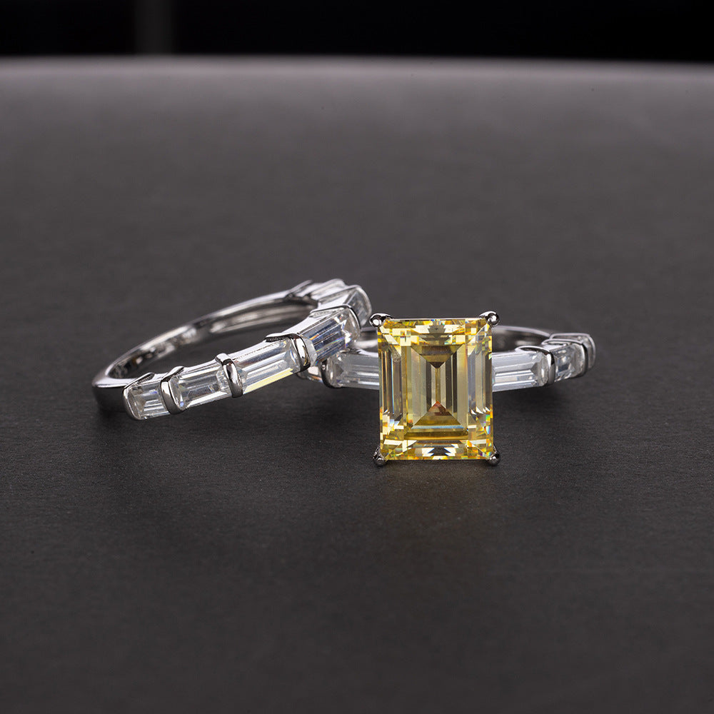 Emerald Cut 6 Carat Gemstone Silver Ring Set