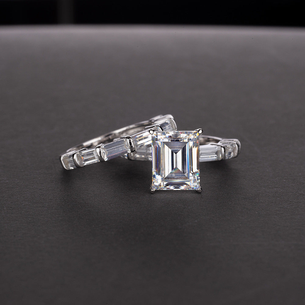 Emerald Cut 6 Carat Gemstone Silver Ring Set