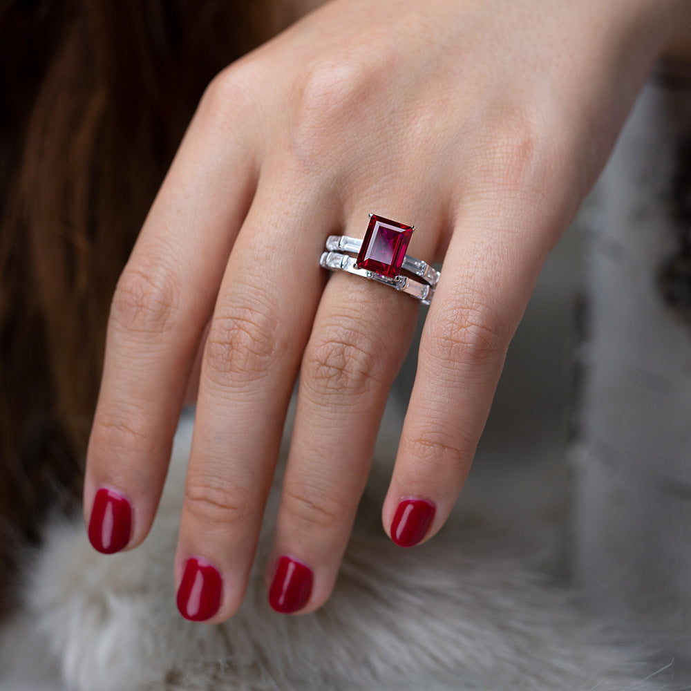 Emerald Cut 6 Carat Gemstone Silver Ring Set
