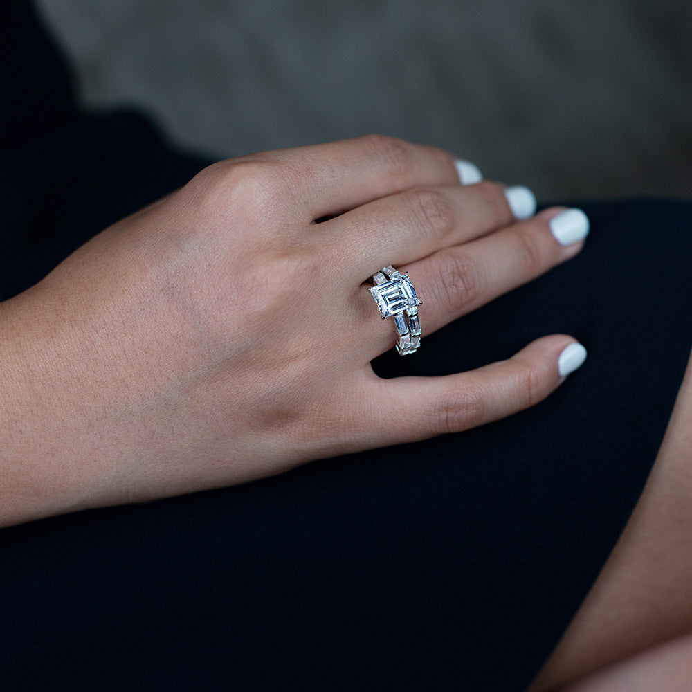 Emerald Cut 6 Carat Gemstone Silver Ring Set