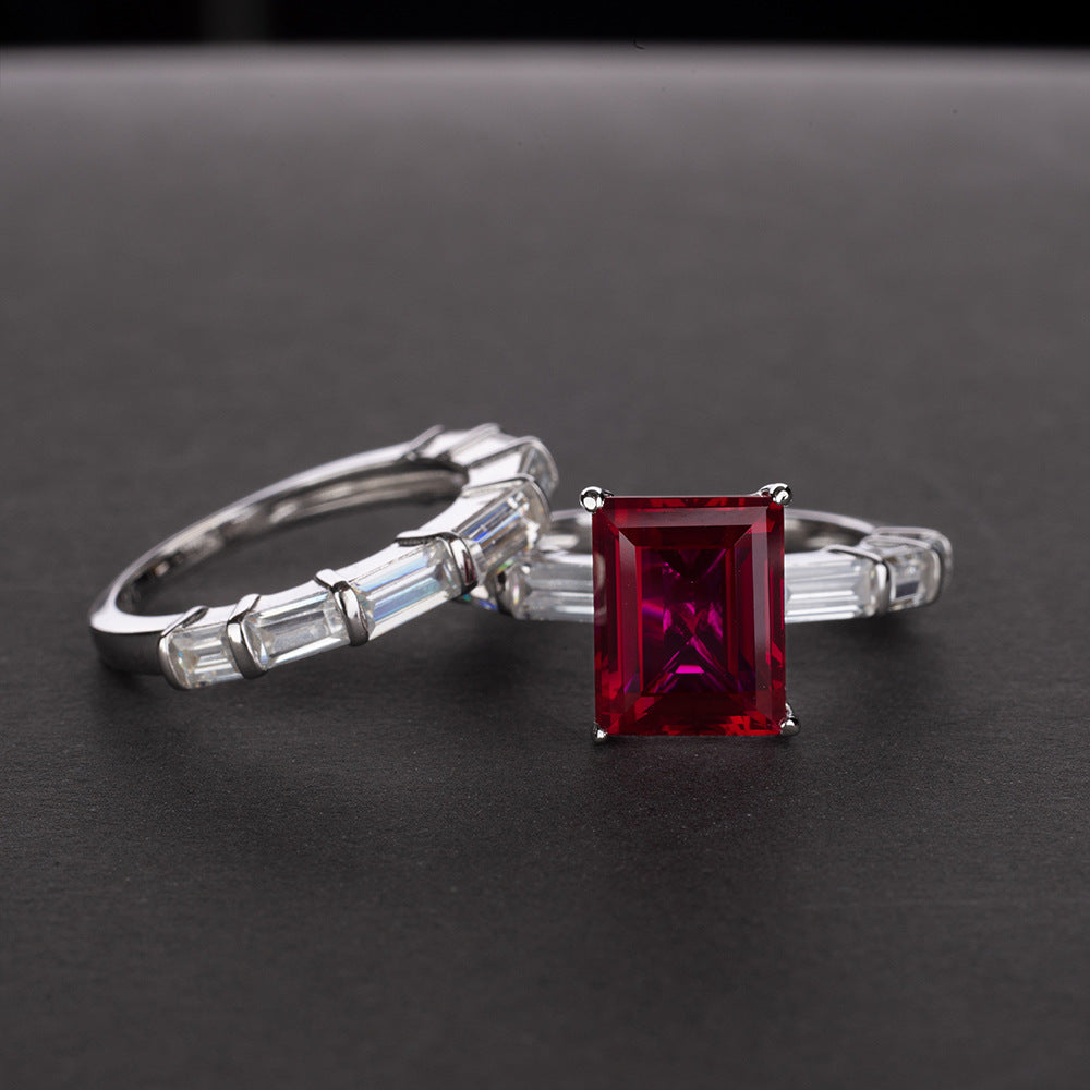 Emerald Cut 6 Carat Gemstone Silver Ring Set