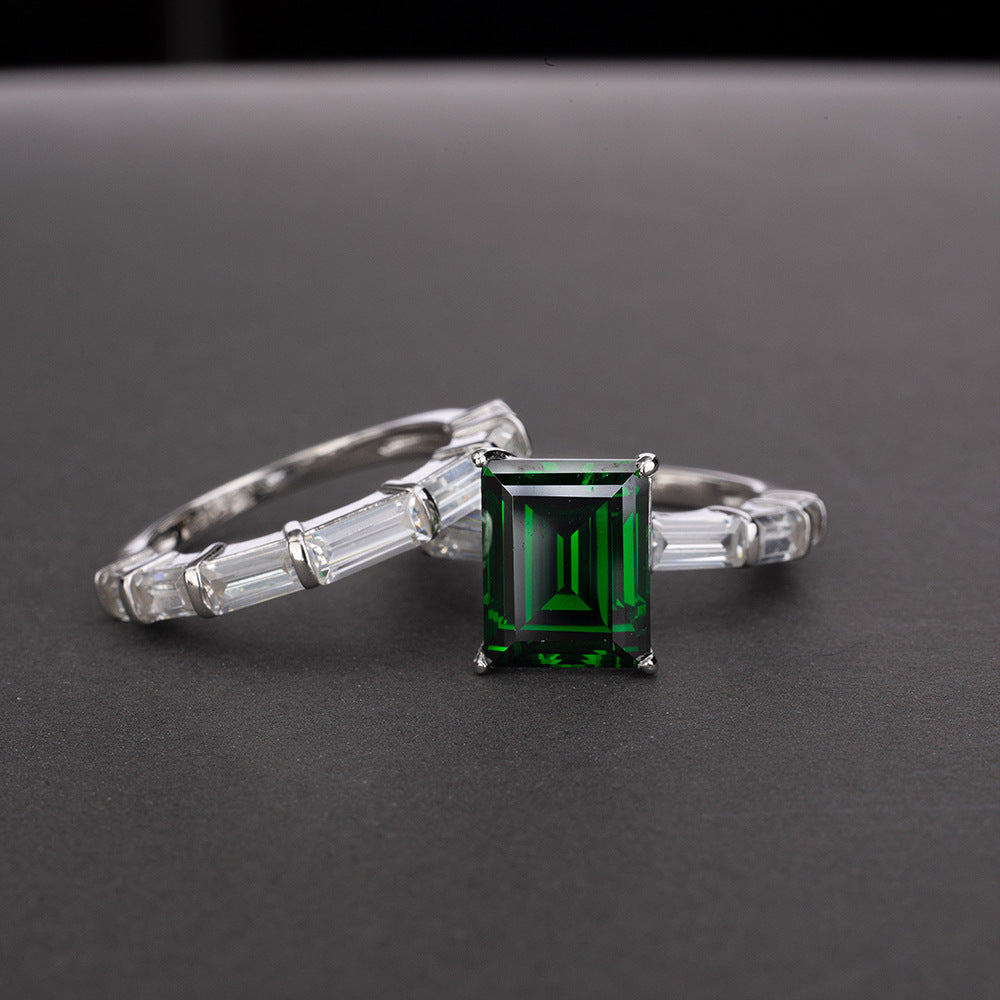 Emerald Cut 6 Carat Gemstone Silver Ring Set