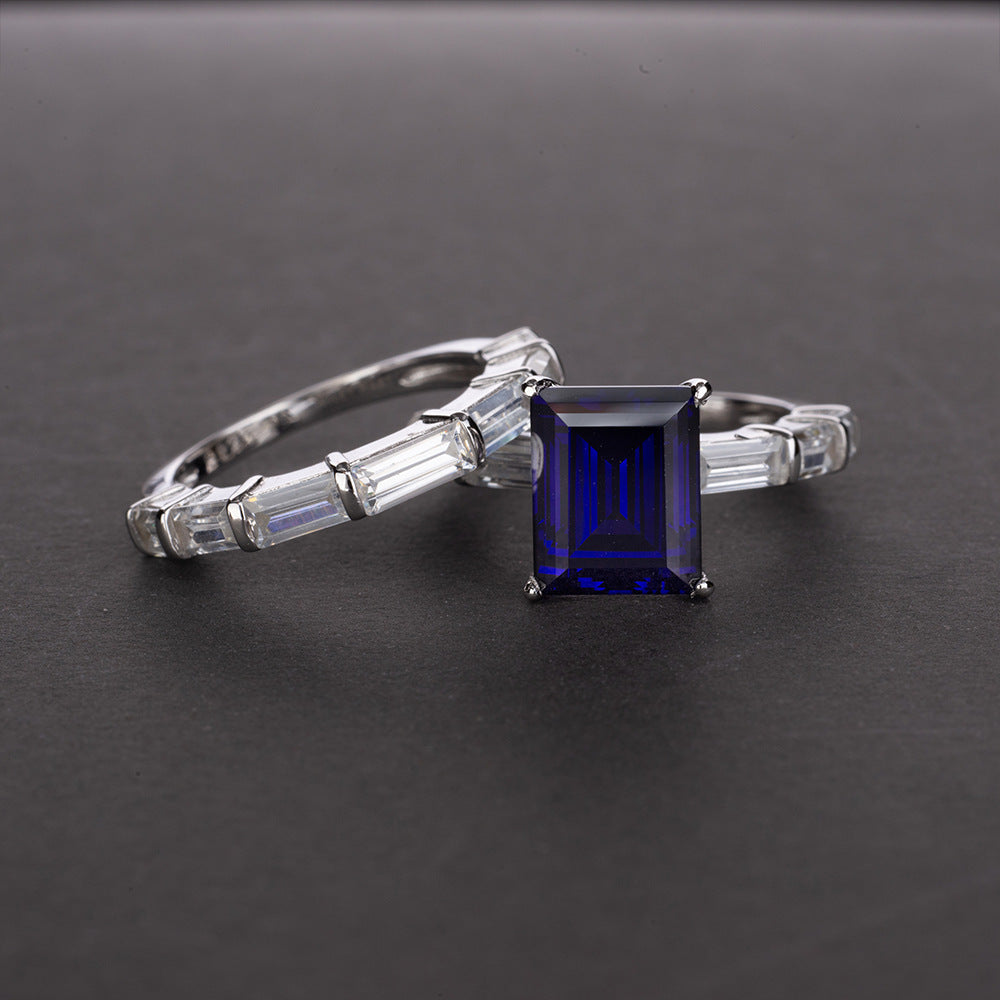 Emerald Cut 6 Carat Gemstone Silver Ring Set