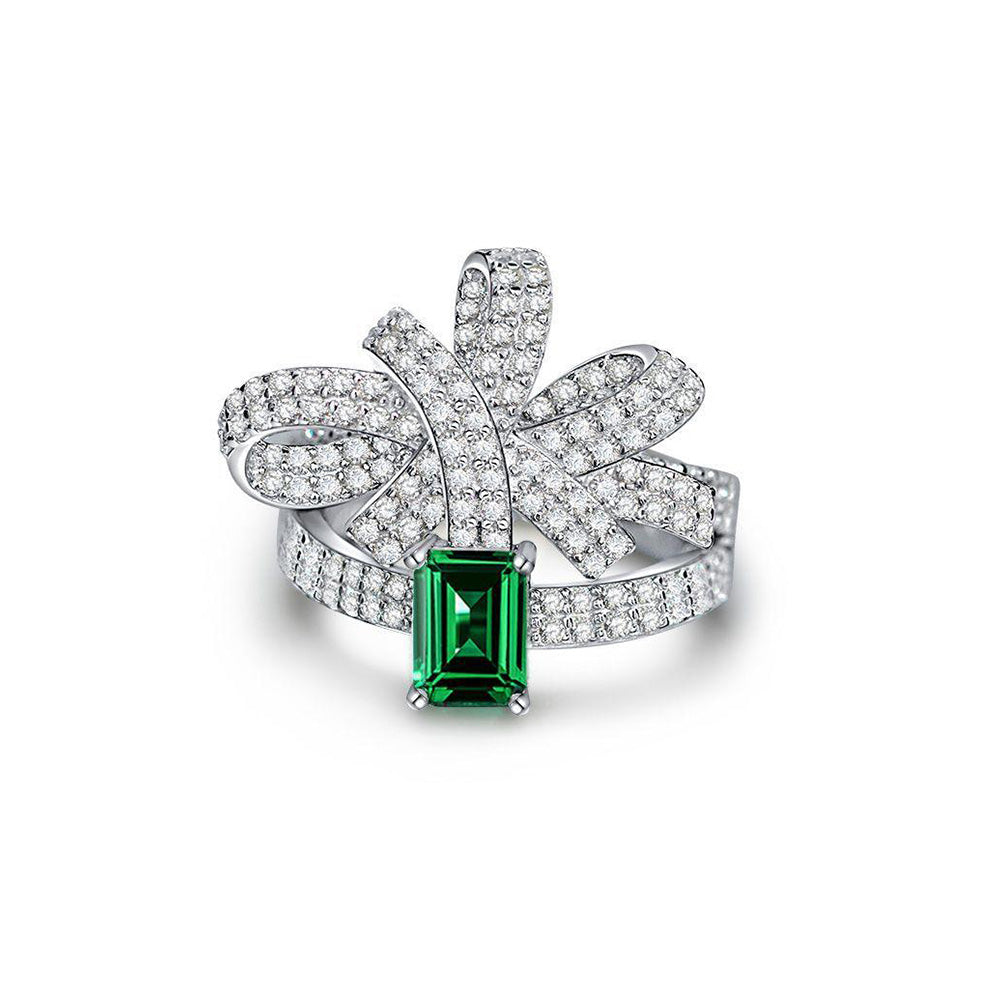Emerald Gemstone Bowknot Style Silver Enhancer Ring