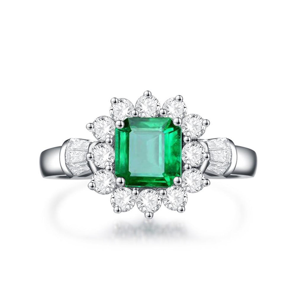 Emerald Gemstone Flower Style Sterling Silver Ring