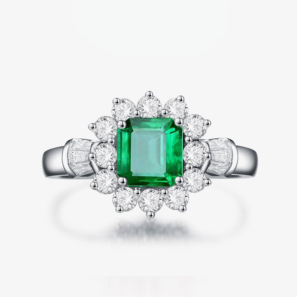 Emerald Gemstone Flower Style Sterling Silver Ring