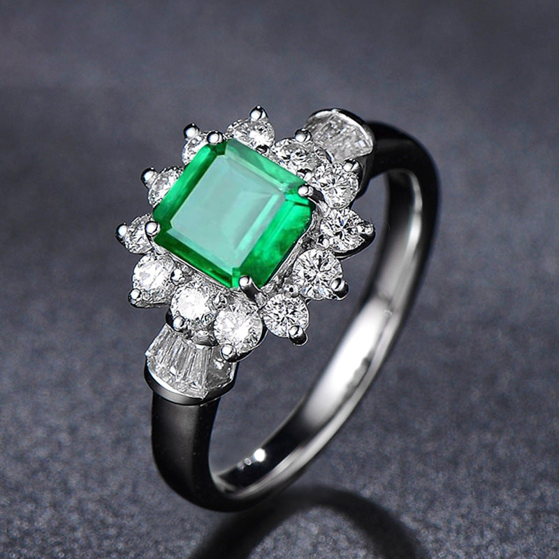 Emerald Gemstone Flower Style Sterling Silver Ring