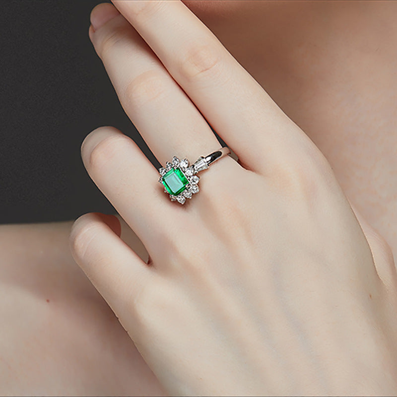 Emerald Gemstone Flower Style Sterling Silver Ring