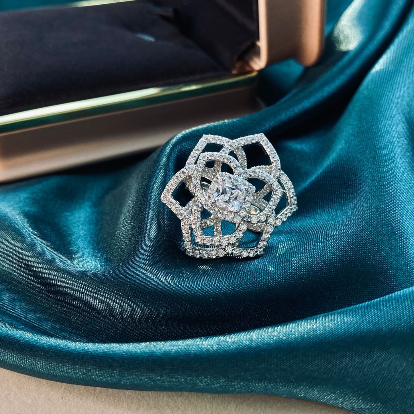 Flower Style Cushion Cut Stone Silver Ring