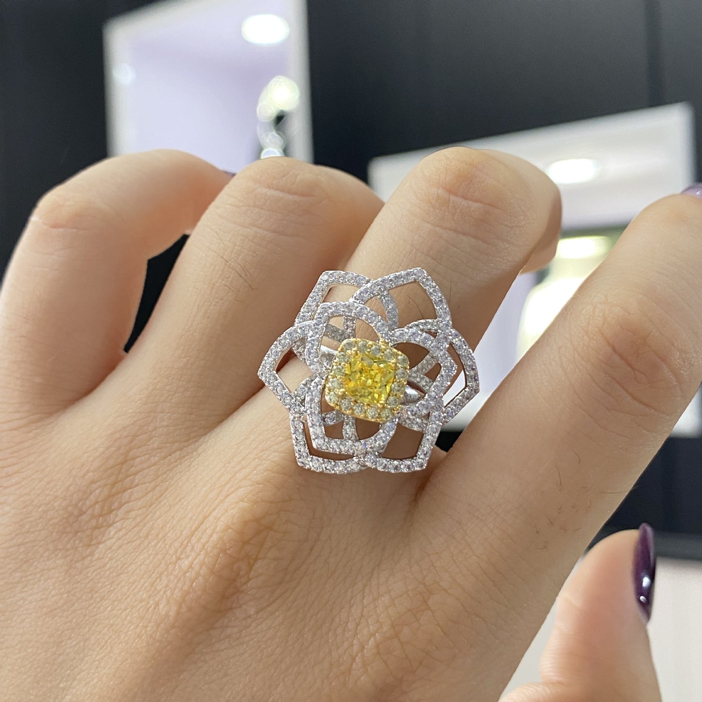 Flower Style Cushion Cut Stone Silver Ring