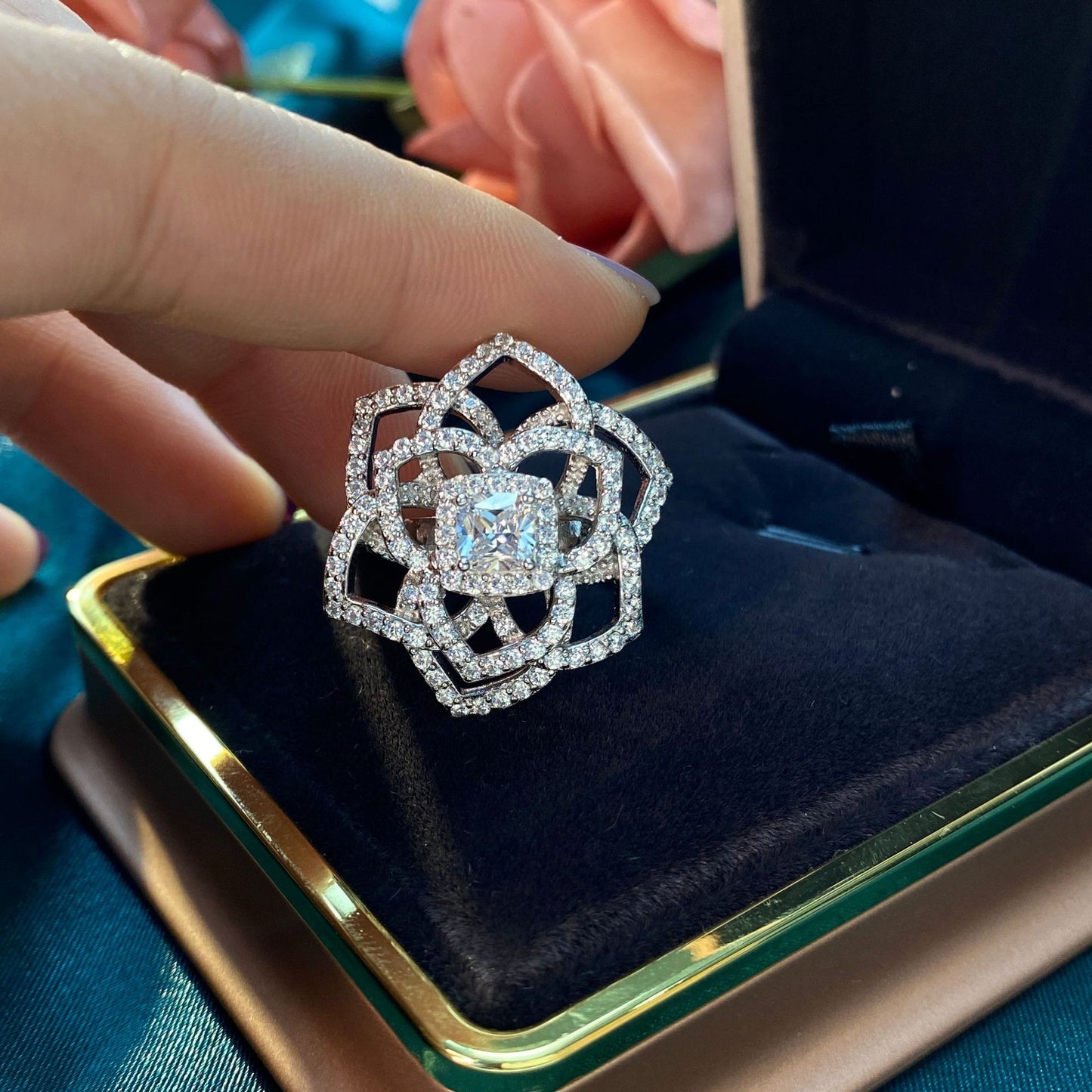Flower Style Cushion Cut Stone Silver Ring