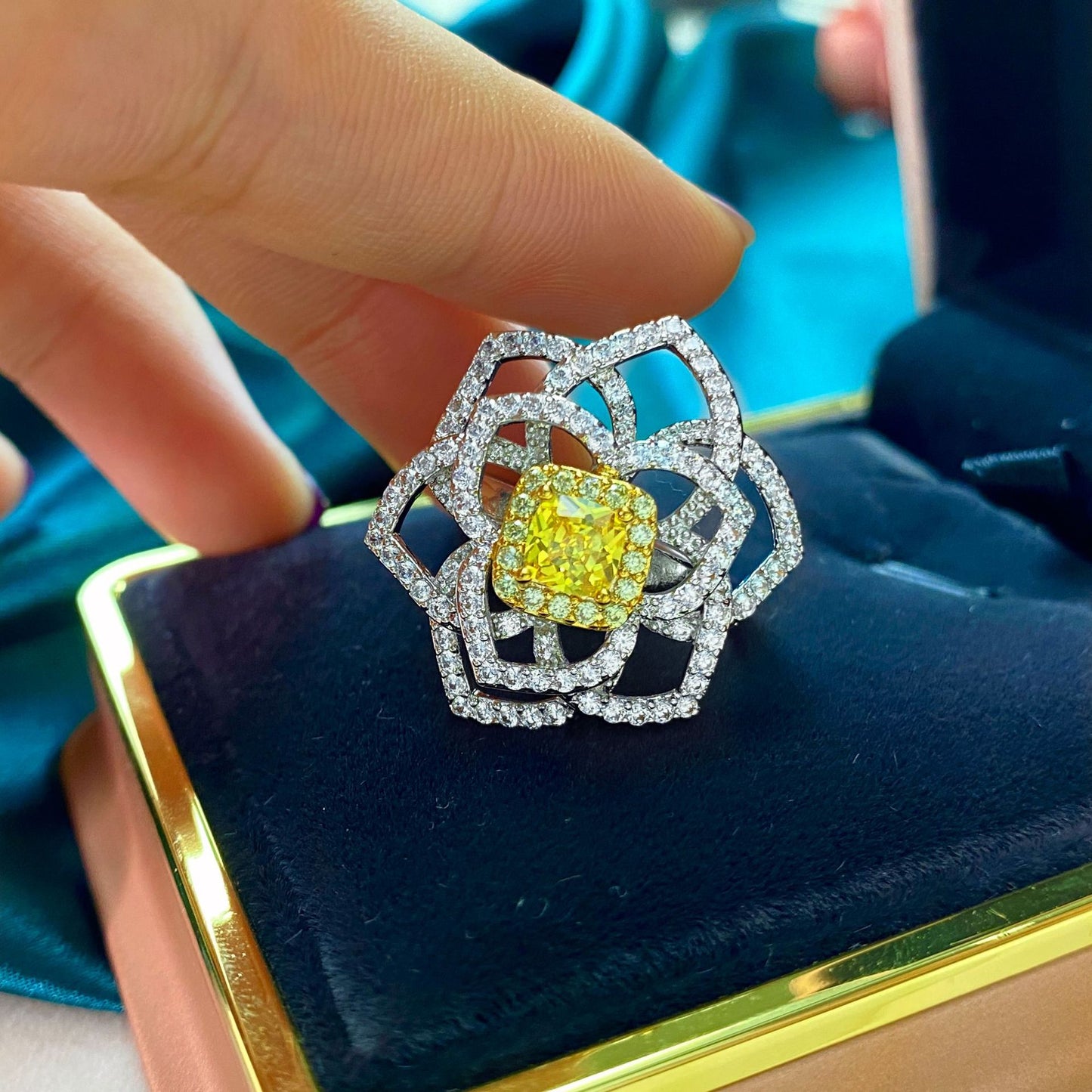 Flower Style Cushion Cut Stone Silver Ring