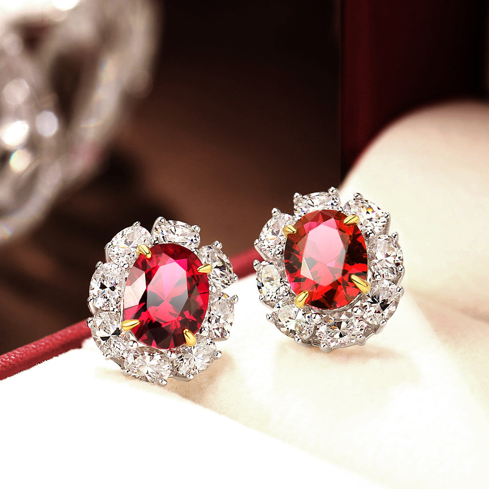 Flower Style Ruby Gemsotne Sterling Silver Ear Stud