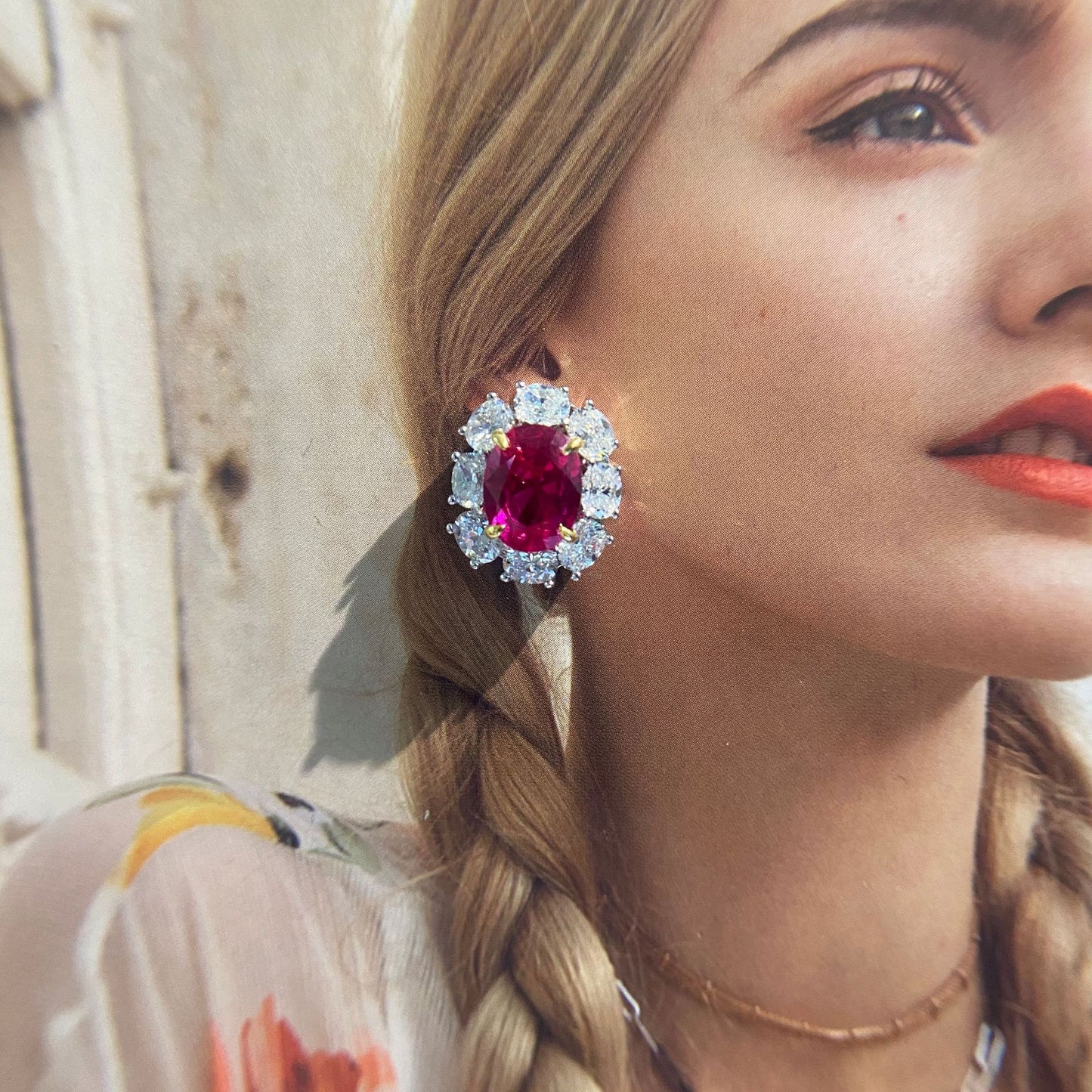 Flower Style Ruby Gemsotne Sterling Silver Ear Stud