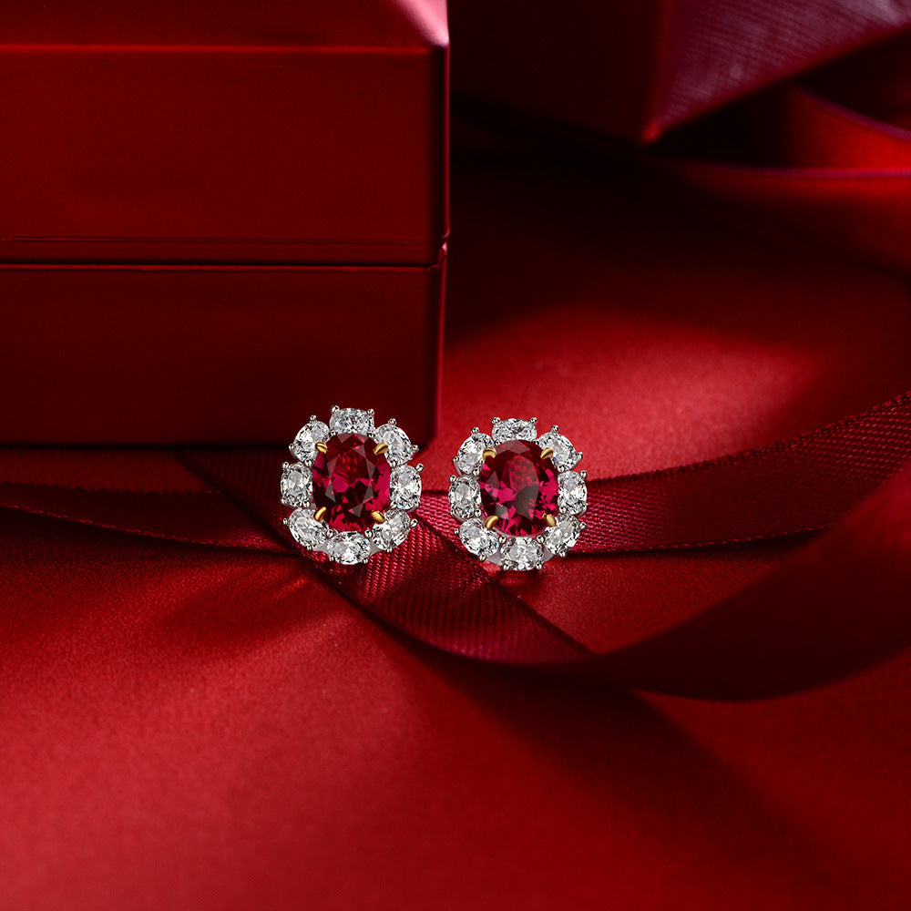 Flower Style Ruby Gemsotne Sterling Silver Ear Stud