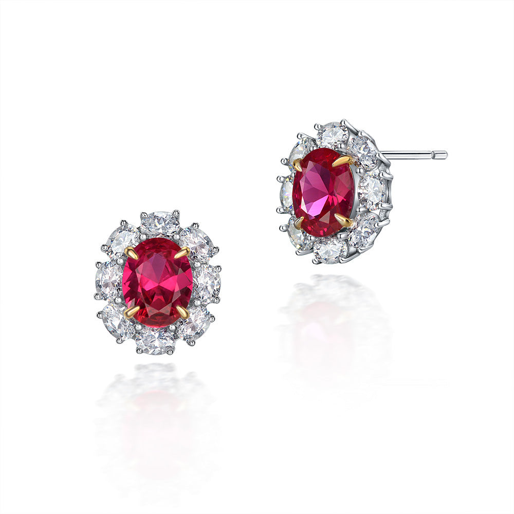 Flower Style Ruby Gemsotne Sterling Silver Ear Stud