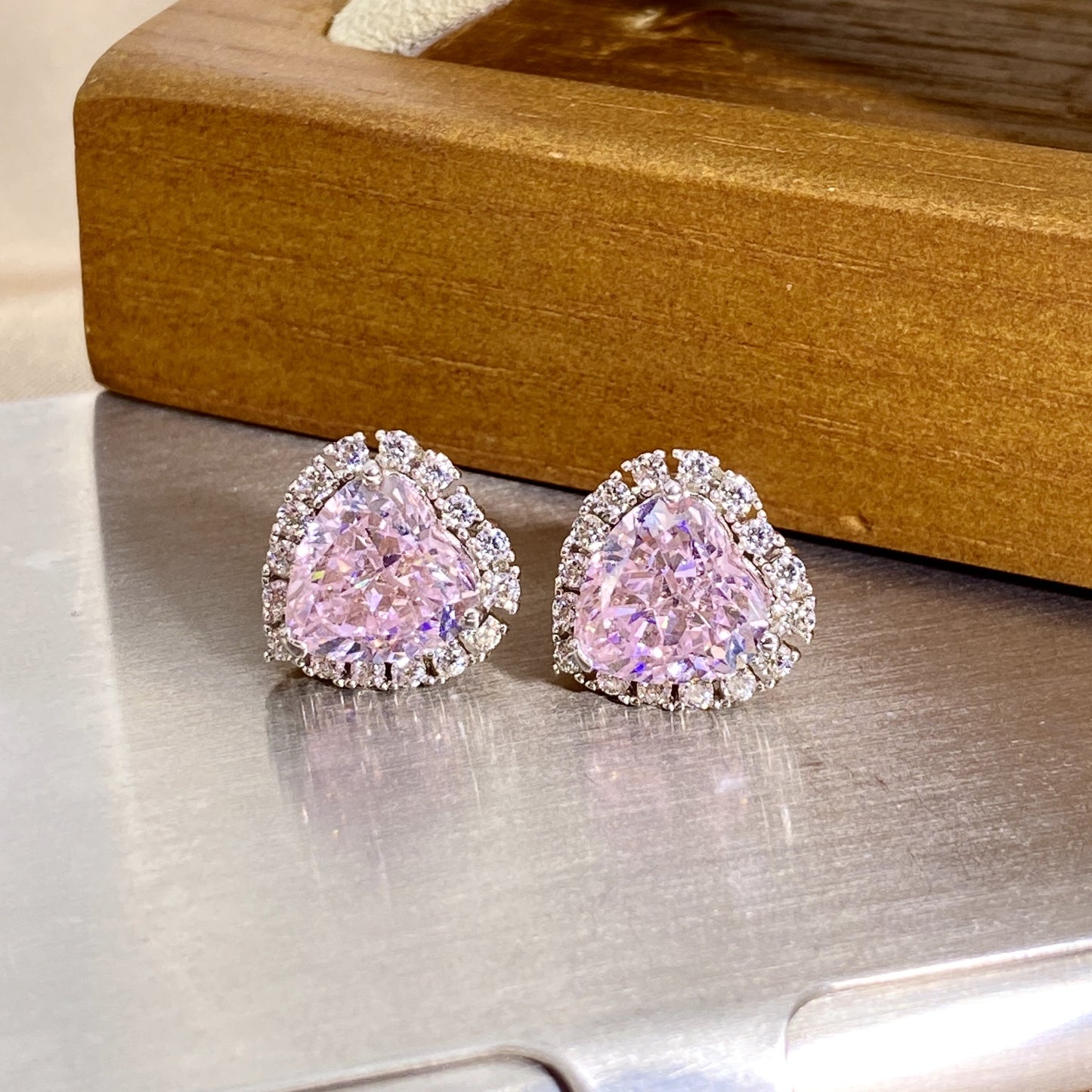 Heart Shaped Rose Quartz Silver Ear Stud