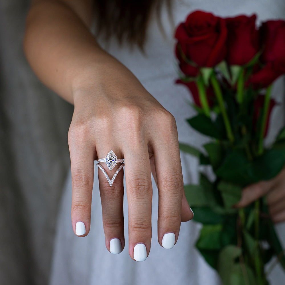 Marquise Cut Gemstone Sterling Silver Ring Set