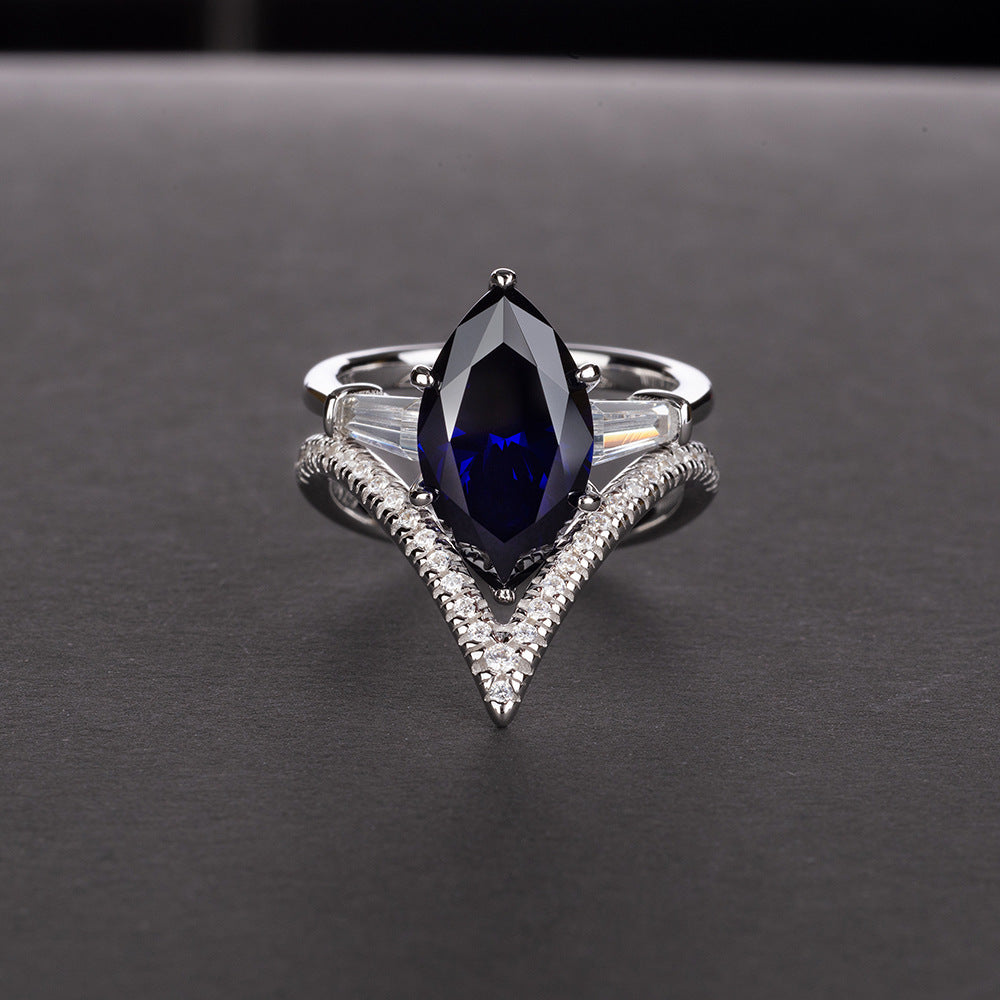 Marquise Cut Gemstone Sterling Silver Ring Set