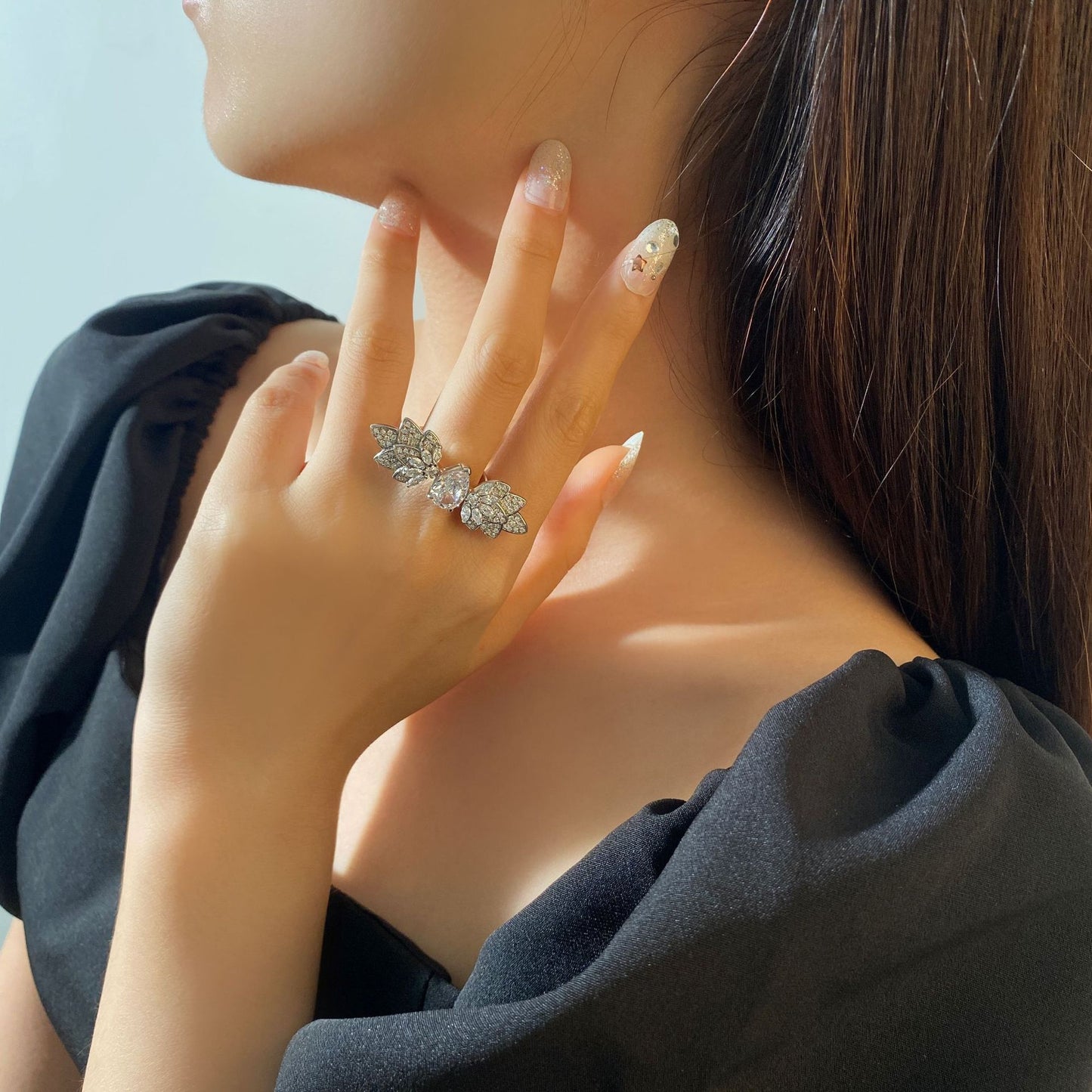 Pear Shaped Stone Maple Leaf Silver Ring