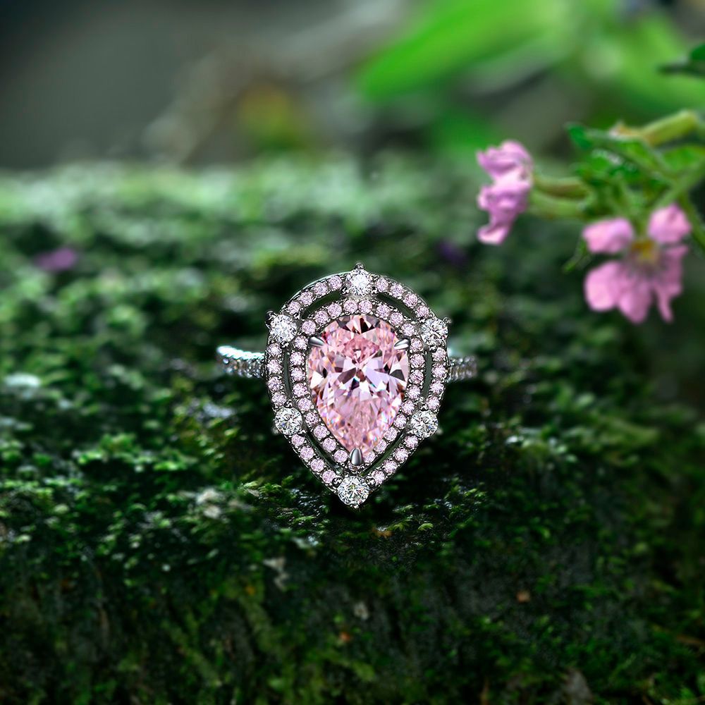 Pear Shaped Rose Quartz Stone Silver Ring