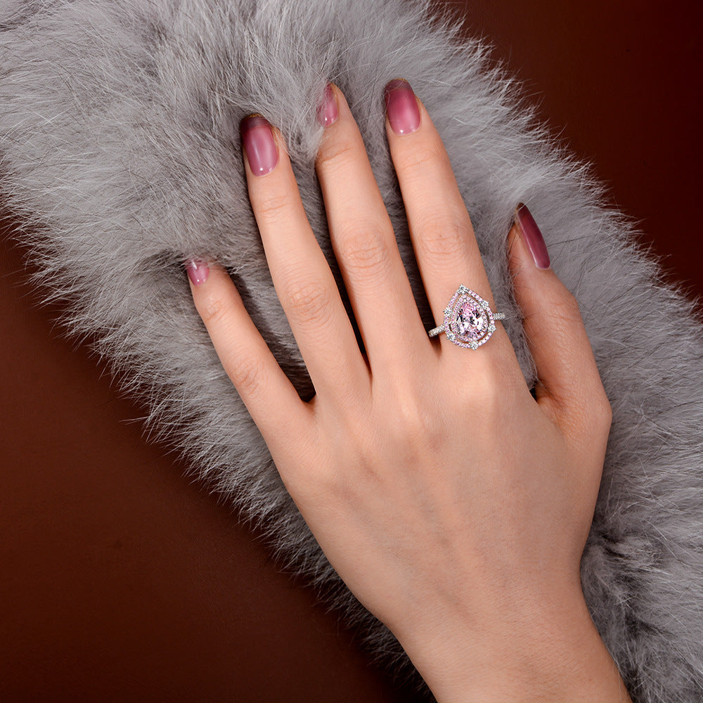 Pear Shaped Rose Quartz Stone Silver Ring