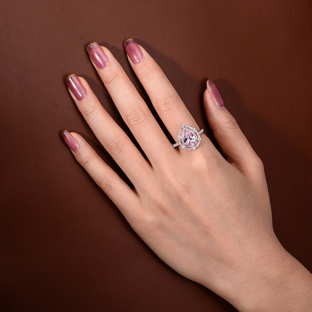Pear Shaped Rose Quartz Stone Silver Ring