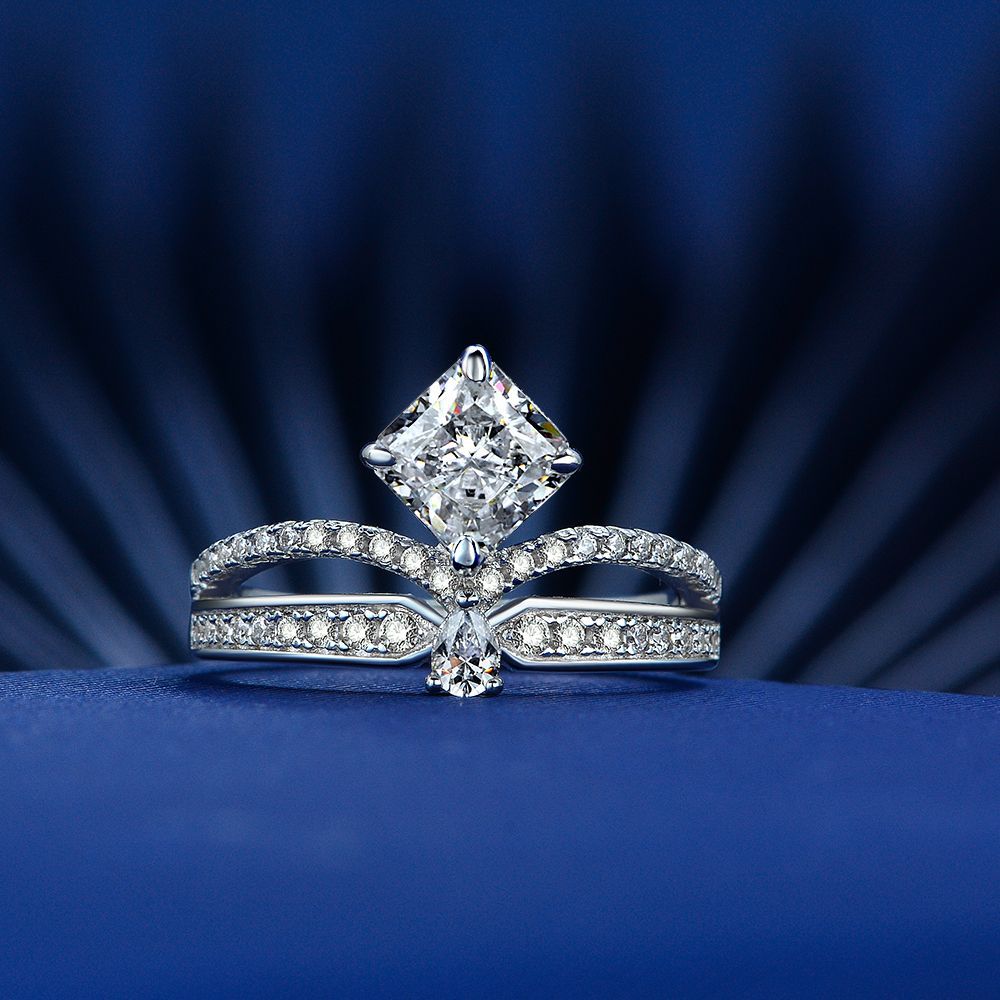 Princess Cut Crown Style Sterling Silver Ring