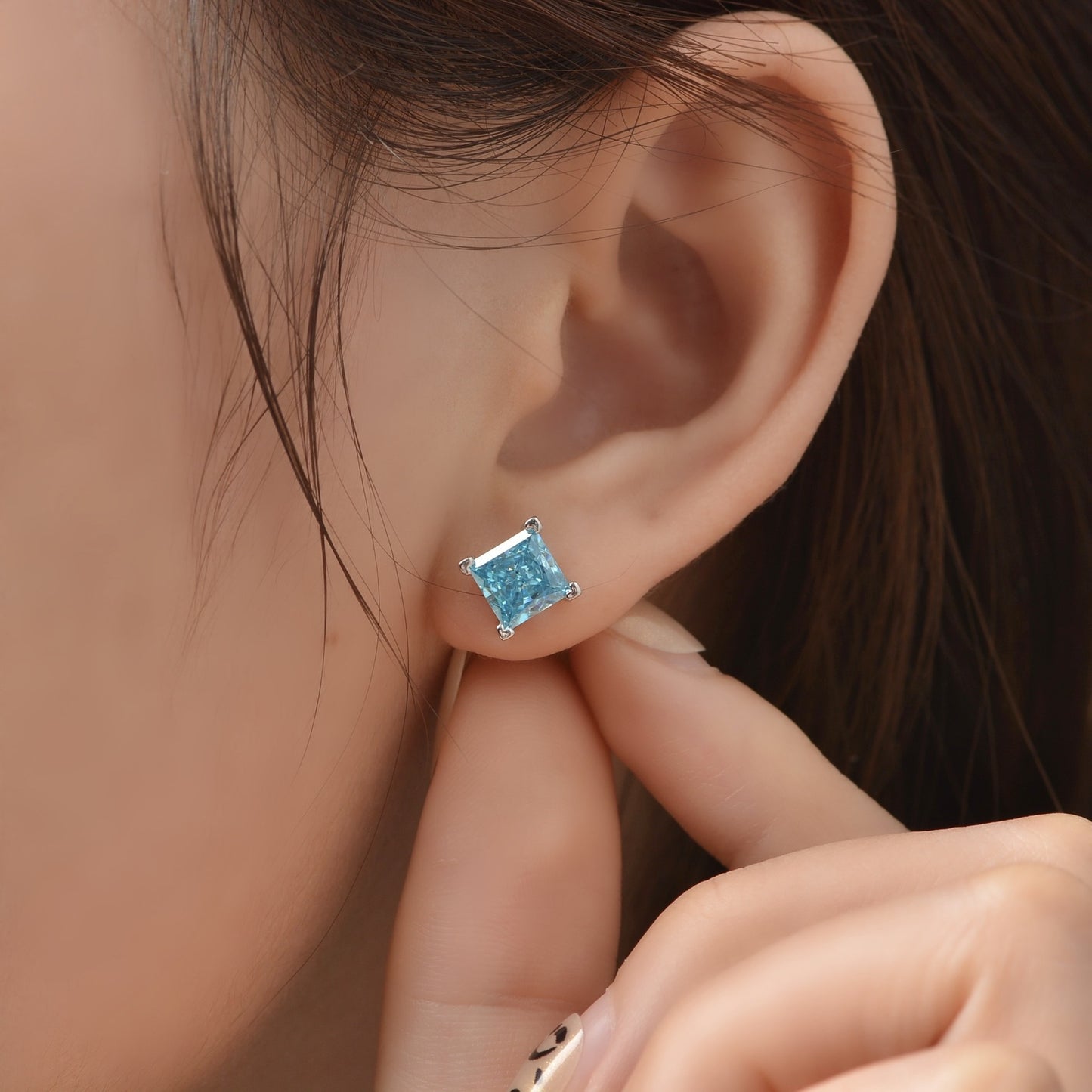 Princess Cut Simple Style Sterling Silver Ear Stud