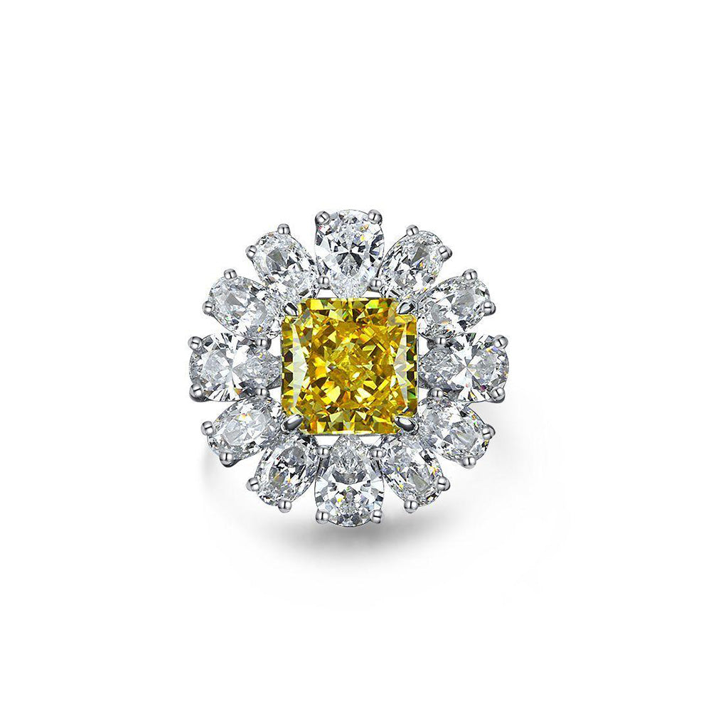 Princess Cut Gemstone Sunflower Style Silver Ring
