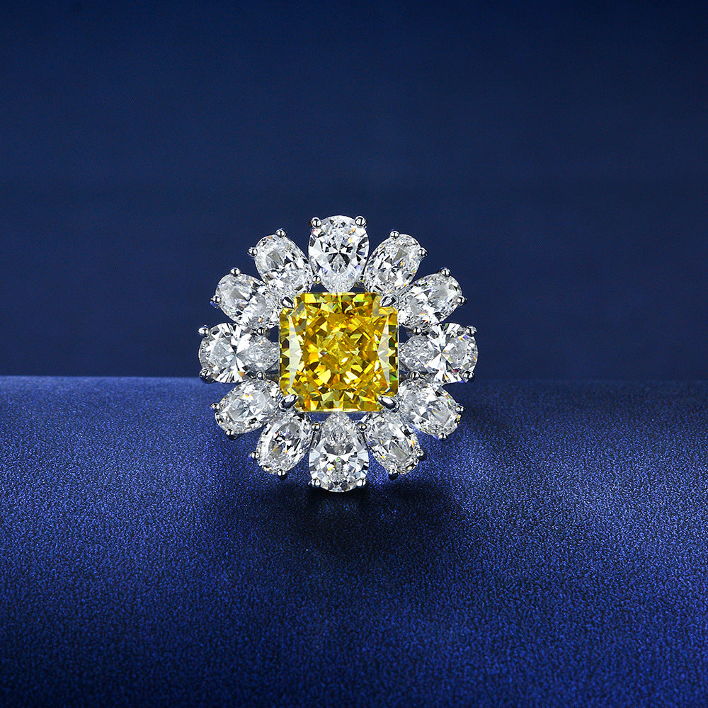 Princess Cut Gemstone Sunflower Style Silver Ring