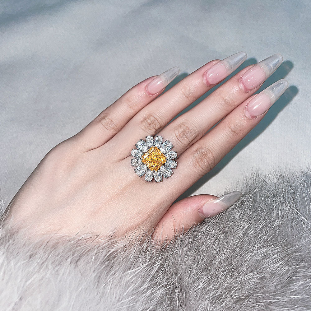 Princess Cut Gemstone Sunflower Style Silver Ring