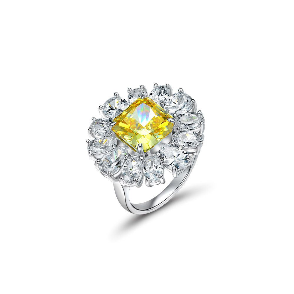 Princess Cut Gemstone Sunflower Style Silver Ring