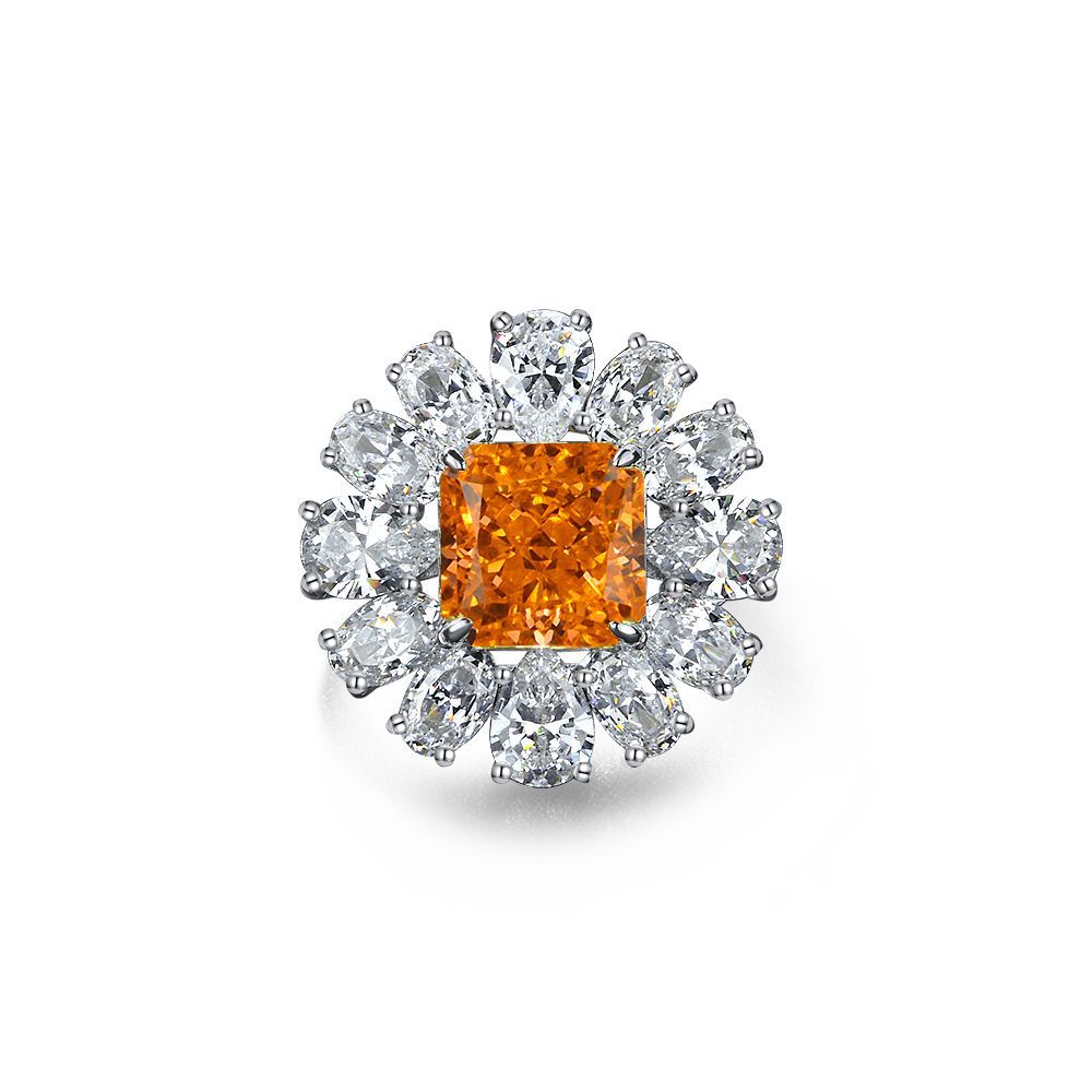 Princess Cut Gemstone Sunflower Style Silver Ring