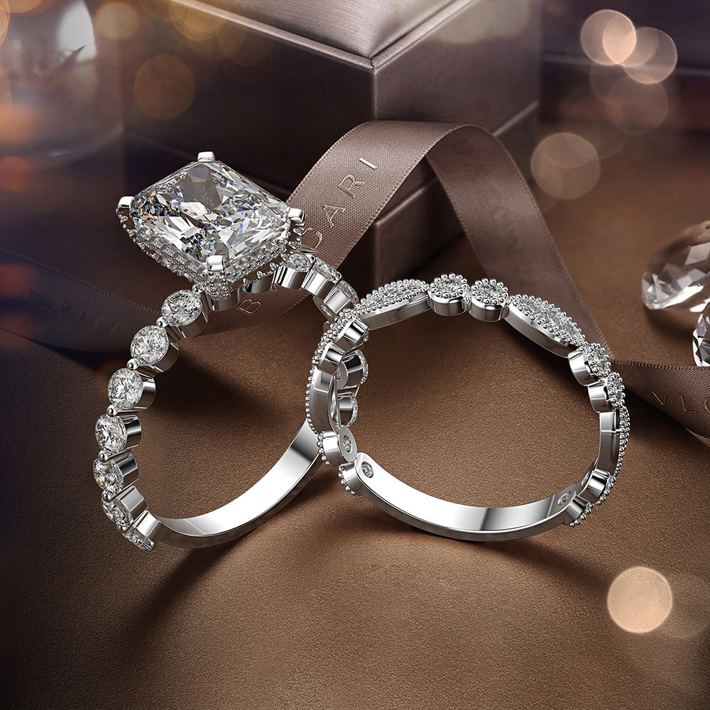 Radiant Cut Gemstone Sterling Silver Ring Set