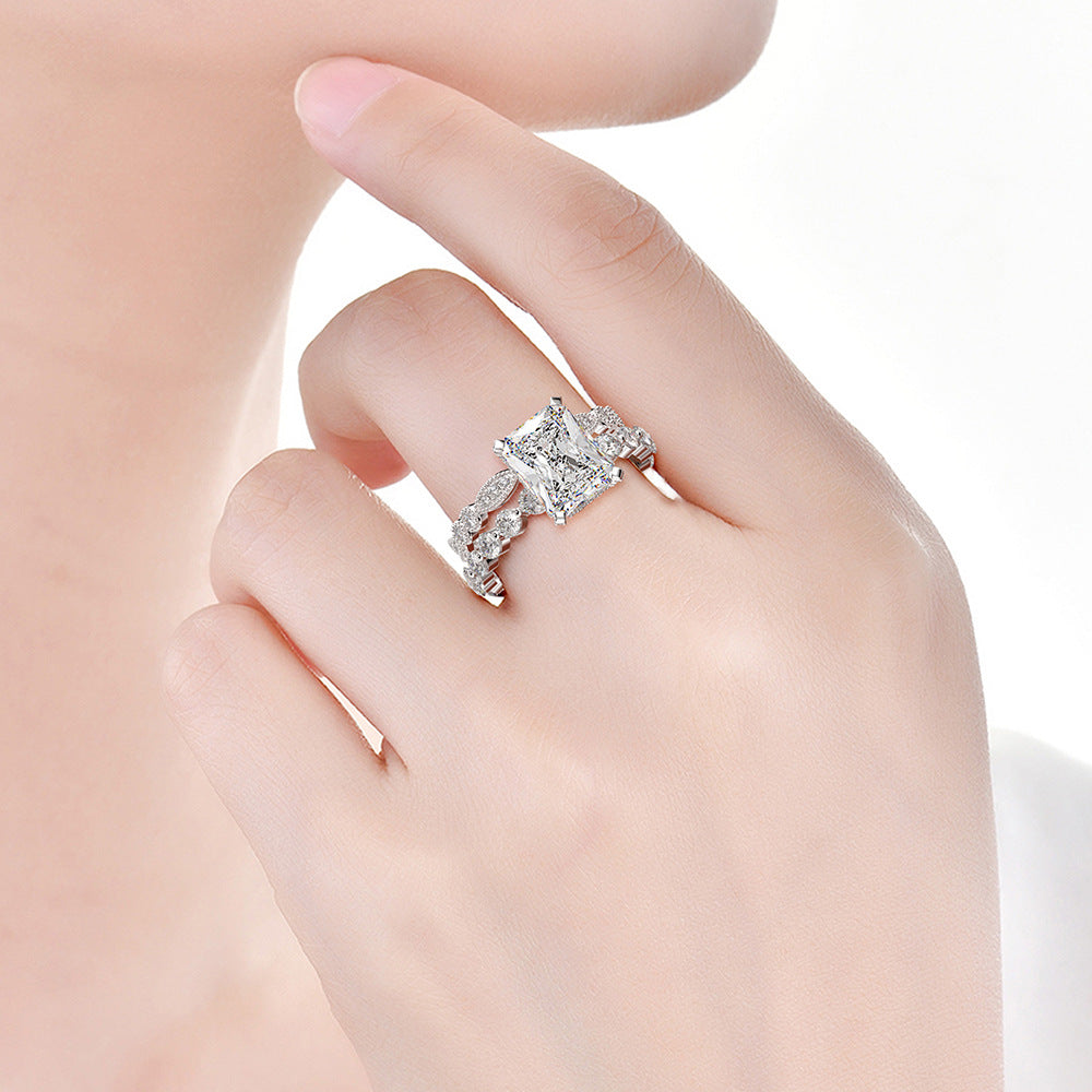 Radiant Cut Gemstone Sterling Silver Ring Set