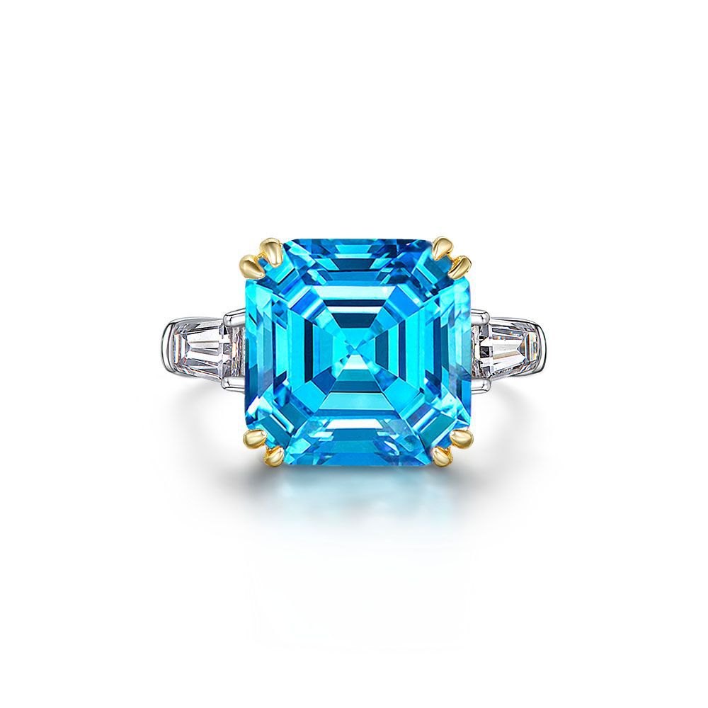 Asscher Cut Double Golden Prongs Setting Silver Ring