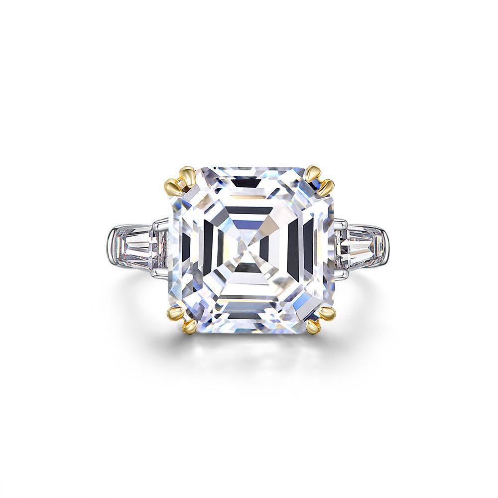 Asscher Cut Double Golden Prongs Setting Silver Ring