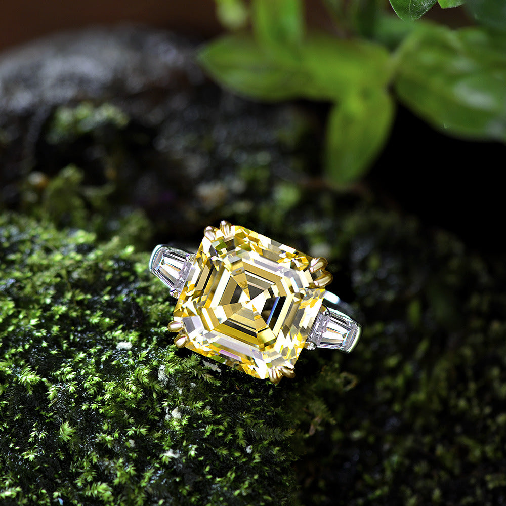 Asscher Cut Double Golden Prongs Setting Silver Ring