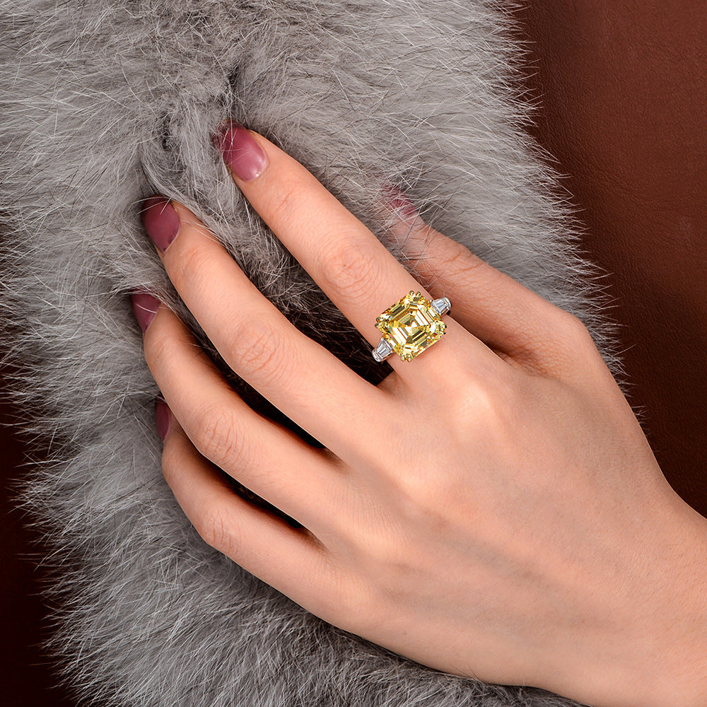 Asscher Cut Double Golden Prongs Setting Silver Ring
